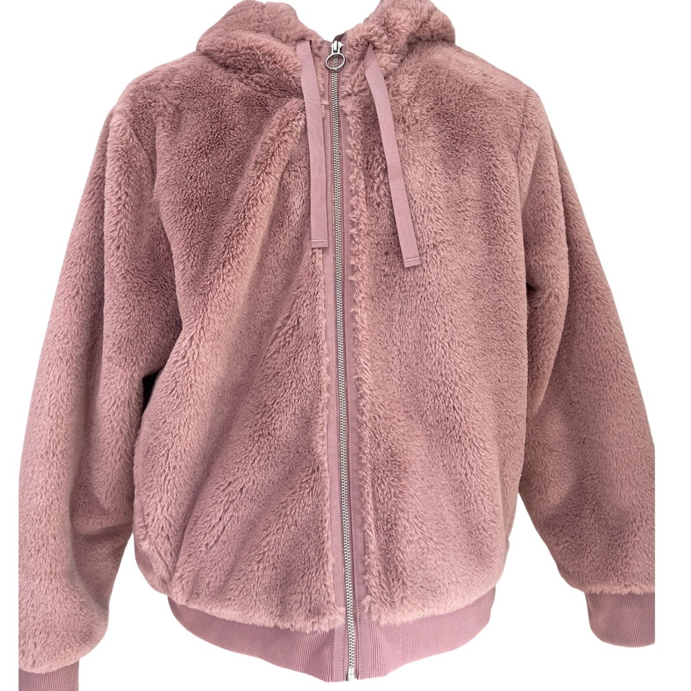 Athleta Ritual Jacket Dogwood Mauve Faux Fur Full Zip Hoodie Large Large Fuzzy